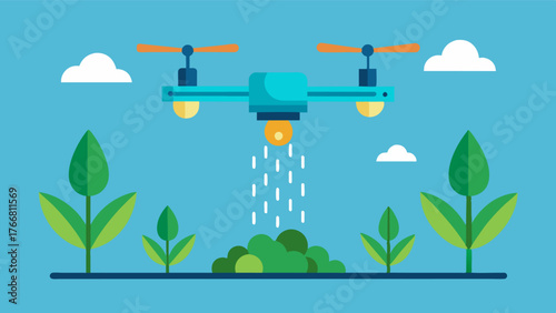 A drone releasing specially formulated nutrients along with water to nourish crops and improve soil health all with the guidance of realtime data analysis.. Vector illustration
