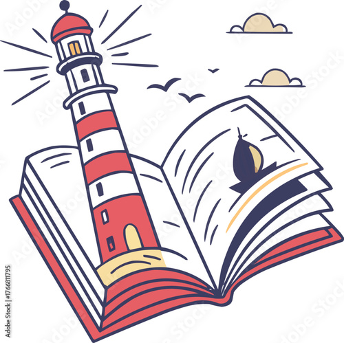 This illustration depicts a lighthouse and an open book, symbolizing the guiding light of knowledge and education