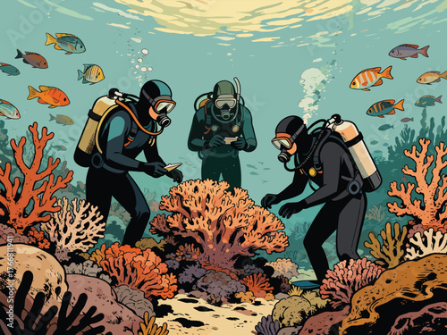 Three professional scuba divers conducting underwater coral reef research surrounded by colorful tropical fish and vibrant marine life in the deep ocean ecosystem
