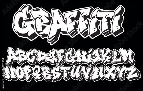 Street alphabet in hip-hop graffiti style, hand drawn. youthful urban atmosphere. vector graffiti alphabet on black background
