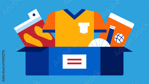 A box filled with sports jerseys game tickets and team memorabilia representing a persons love for their favorite sports teams and the memories of exciting games they attended.. Vector illustration