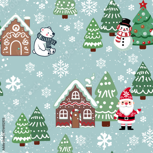 Simple vector seamless pattern for kids with Santa, Christmas tree and snowflakes. Christmas print for wrapping paper, Christmas cards, scrapbooking