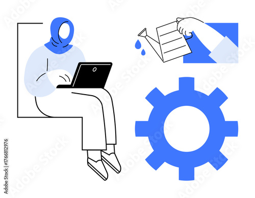 Woman using a laptop, a watering can pouring water, and a gear representing growth, productivity, and innovation. Ideal for workplace diversity, development, teamwork, strategy ideas education