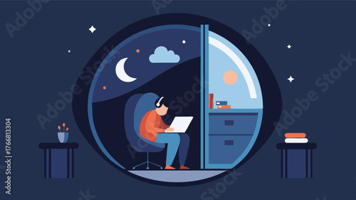 As the day turns to night the pods stateoftheart soundproofing technology ensures a peaceful and uninterrupted sleep for the busy freelancer.. Vector illustration