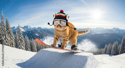Whimsical scene of a ginger cat snowboarding in the snowy mountains on a bright winter day