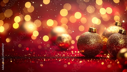 Golden Christmas Ornaments on Glittering Red Background with Bokeh Lights