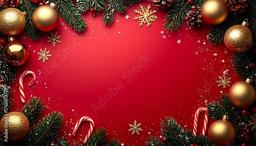 Red Christmas Background with Pine Branches, Gold Ornaments and Candy Canes