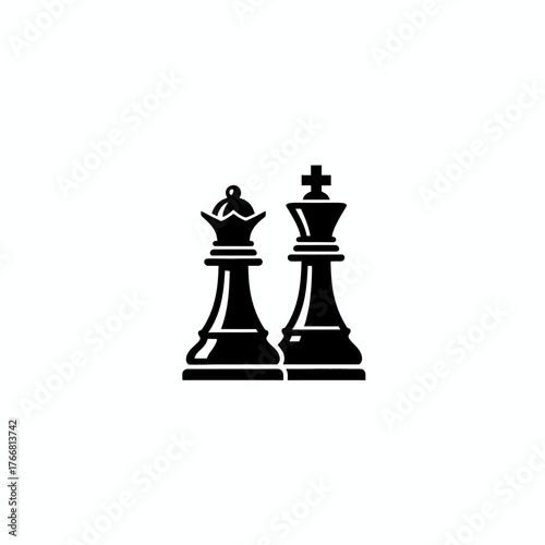 Flat design icon of black king and queen chess figures, representing power, strategy, and partnership in a board game