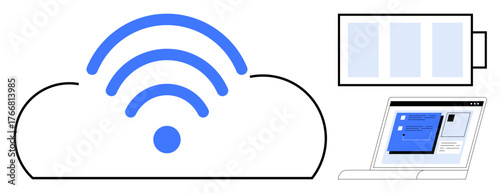 Cloud with wireless signal, laptop screen with interface, bar graph. Ideal for technology, connectivity, cloud data, wireless network, online tools, business analysis innovation simple flat