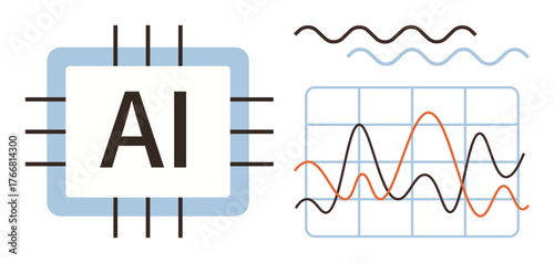 AI chip with text, grid graph with colorful fluctuating lines, and wave graphics. Ideal for AI, machine learning, data science, technology, innovation research computing. Simple flat metaphor