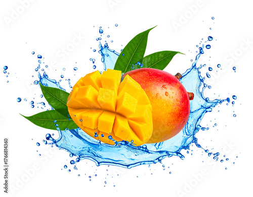 A ripe mango, partially cut, displayed with green leaves amid a splash of vibrant blue water on a black background