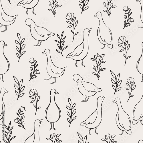 Cute seamless pattern with geese and flowers. Hand drawn minimal illustration for fabric and wallpaper.
