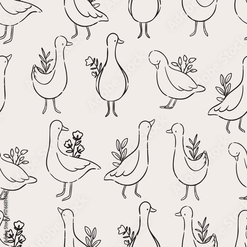Line art pattern with geese and flowers. Minimal seamless design for nursery or packaging.