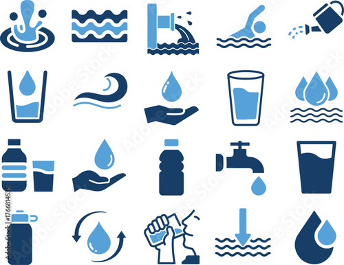 Set of Vector Water Icons: Drop, Splash, Drink, Hydration, and Conservation Symbols