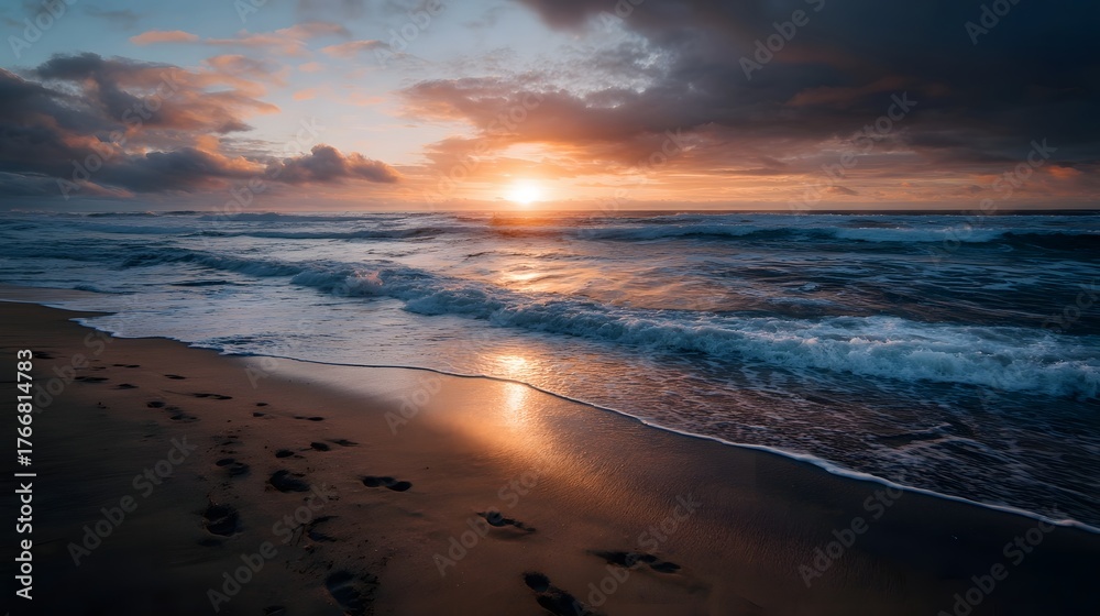 Obraz premium Dramatic sunset casts warm glow over ocean waves and sandy beach with footprints