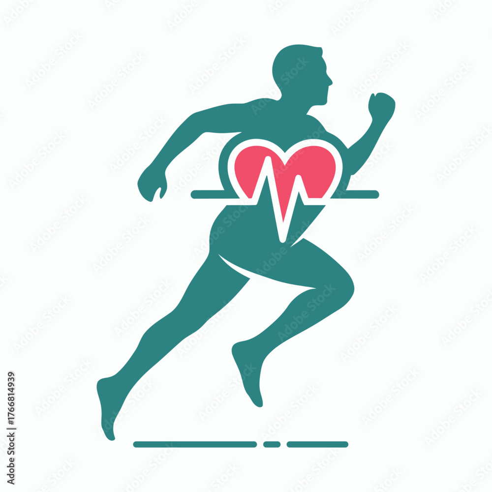 Fototapeta premium Silhouette of a person running with a heart rate monitor integrated into the body. Medical Logo.