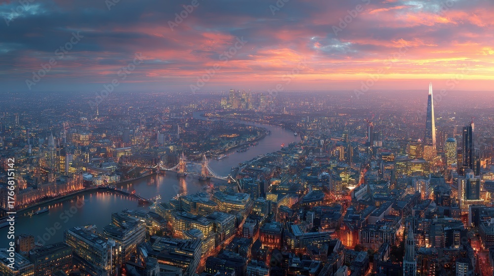 Naklejka premium Colorful sunset over London skyline with river Thames flowing and city lights shining
