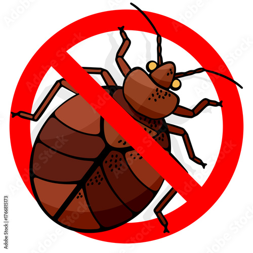 Forbidden sign: insect bed bug crossed out with a red line. Stop tick sign. Pest control concept. Bedbug parasite prevention for public place, home, and hotel.