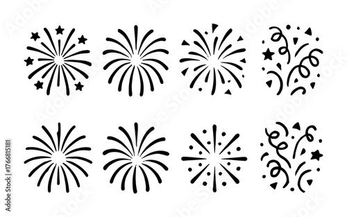 Set of eight black firework icons with stars, lines, dots and confetti elements. Vector silhouette illustration isolated on white. Holiday concept. Design for banner, card, poster.