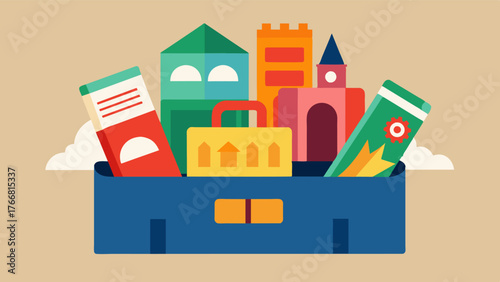 A box filled with train tickets city maps and souvenirs holding memories of a persons adventurous travels and the places they explored.. Vector illustration