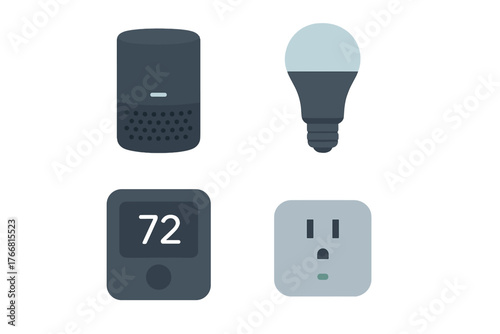 Smart home technology device icons featuring speaker, light bulb, thermostat, and power outlet