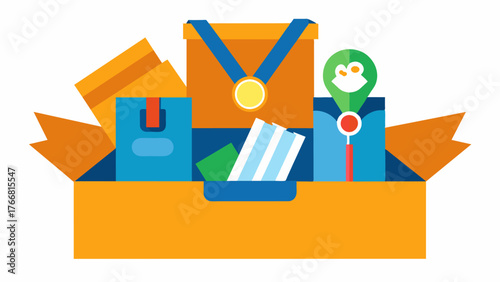 A box filled with medals ribbons and race bibs representing a persons athletic achievements and the memories of their dedication and hard work.. Vector illustration