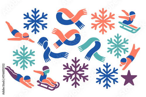 Colorful winter sports figures, snowflakes, and warm scarves collection