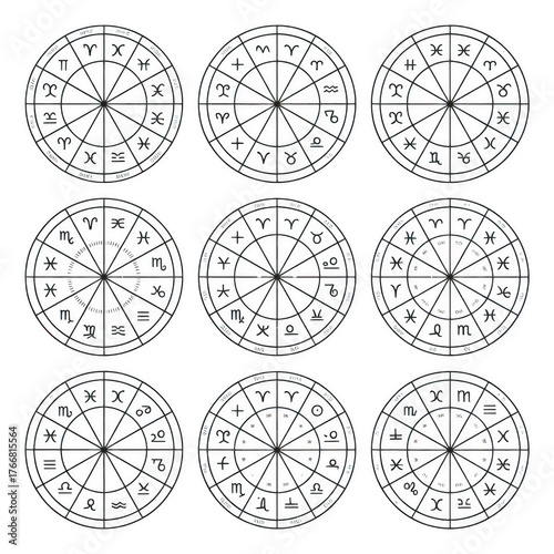 Nine Circular Zodiac Constellation Charts astrology isolated on a transparent background