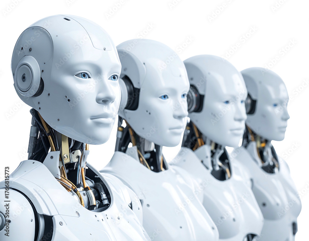 Naklejka premium A row of four humanoid robot figures, all white with visible internal mechanisms, against a black background
