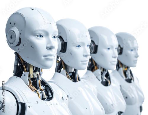 A row of four humanoid robot figures, all white with visible internal mechanisms, against a black background