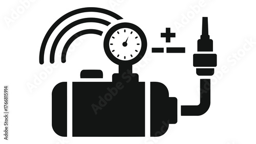 Black and illustration of a pressure tank on, with gauge and plusminus symbol