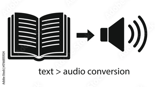 Black and illustration of text to audio conversion on, featuring a book and a speaker