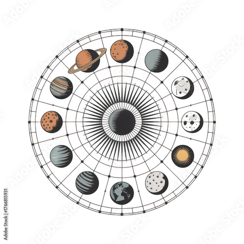 Circular diagram of planets and celestial bodies solar system isolated on a transparent background