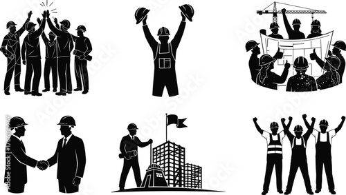 Construction teamwork success illustration, engineers celebrating project completion, builders cooperation concept, leadership achievement, construction management collaboration