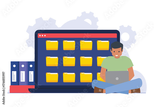 Man organizing digital folders online. Vector illustration