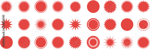 Set of 25 Stylized Red Circular Icons with Spikes, Rings, and Patterns for Symbol, Badge, UI, Graphic, and Design Use