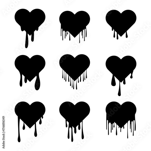 Set of Dripping Heart Silhouettes Vector Illustration. Perfect for logos, stickers, gothic art, romantic designs or Valentines Day with a dark or alternative aesthetic.