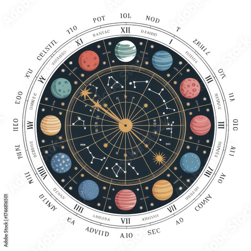 Detailed Astrological Wheel with Planets and Constellations isolated on a transparent background