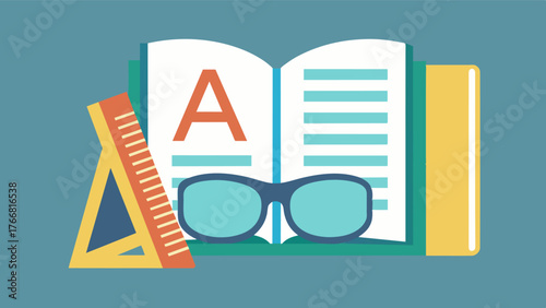 A book with large easytoread font next to a pair of reading glasses and a magnifying ruler.. Vector illustration