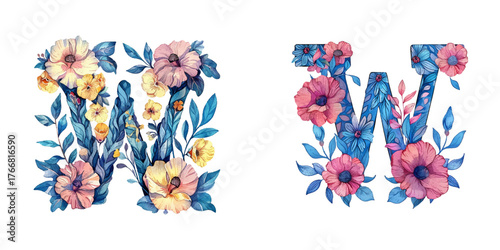 floral letter W watercolor vector illustration