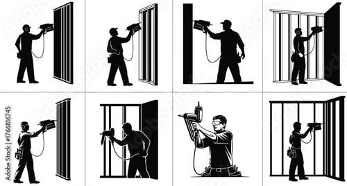 Construction worker using nail gun, interior framing illustration, drywall installation, carpentry silhouettes, renovation process, professional builder at work, construction industry tools