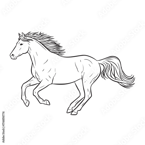 Line art illustration of a majestic horse galloping with its mane and tail flowing gracefully against a white background