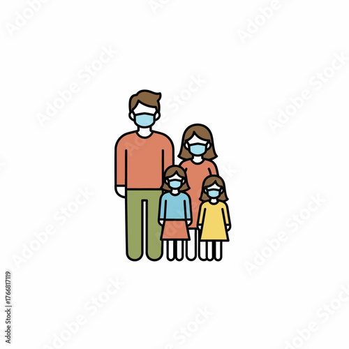 Icon of a family unit with parents and two daughters wearing protective medical masks, symbolizing public health safety and virus prevention