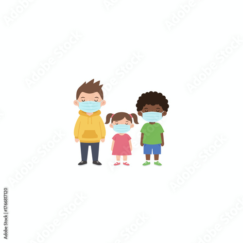 A diverse group of multicultural children standing together while wearing protective medical face masks for health safety