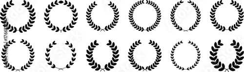 Set of Twelve Black Laurel Wreath Silhouettes in Circular and Oval Shapes for Victory, Award, Prestige, Honor, and Vector Design Use