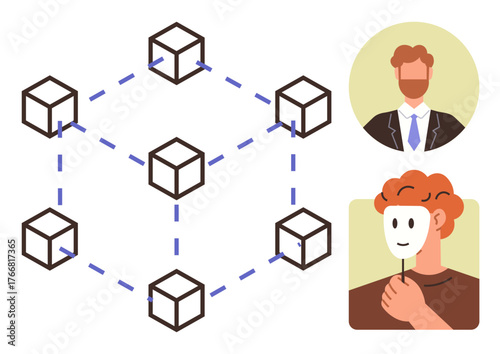 Interconnected blockchain cubes representing technology and decentralized connections. Person holding mask symbolizes identity, privacy, and anonymity. Ideal for technology, security, blockchain
