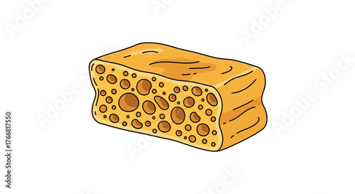 Illustration of a yellow sponge with a rectangular shape and various holes used for cleaning surfaces