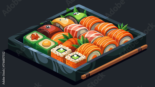 Very beautiful, delicious sushi rolls in a delivery box on a black background, Japanese cuisine, fresh seafood, elegant presentation, modern dining concept, and appetizing gourmet meal to enjoy.