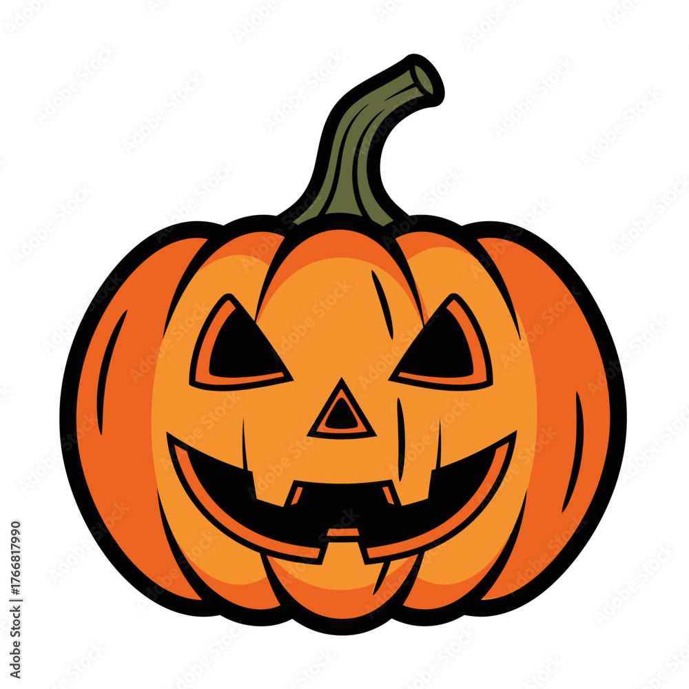 Fototapeta premium Vivid vector illustration of a traditional, hand-carved orange squash with a mischievous, spooky face, embodying the spirit of October and festive autumn events