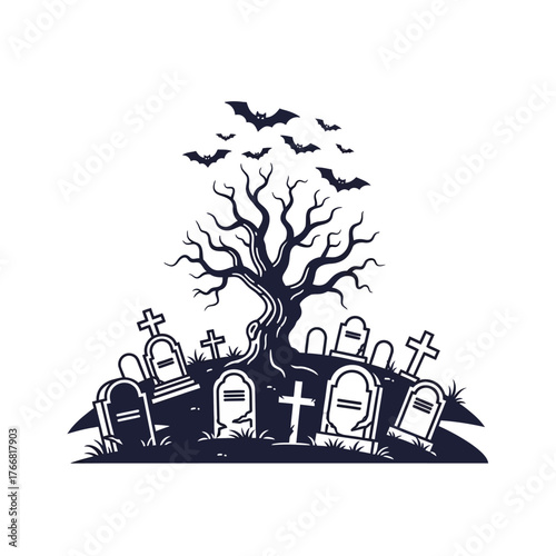 A spooky Halloween illustration of a haunted cemetery with a creepy dead tree, old gravestones, and a flock of flying bats